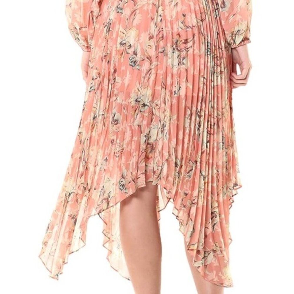 REVOLVE Keepsake Unravel Tie Neck Floral Print Pleated Peach Blush Dress Lily 2 - Picture 3 of 4